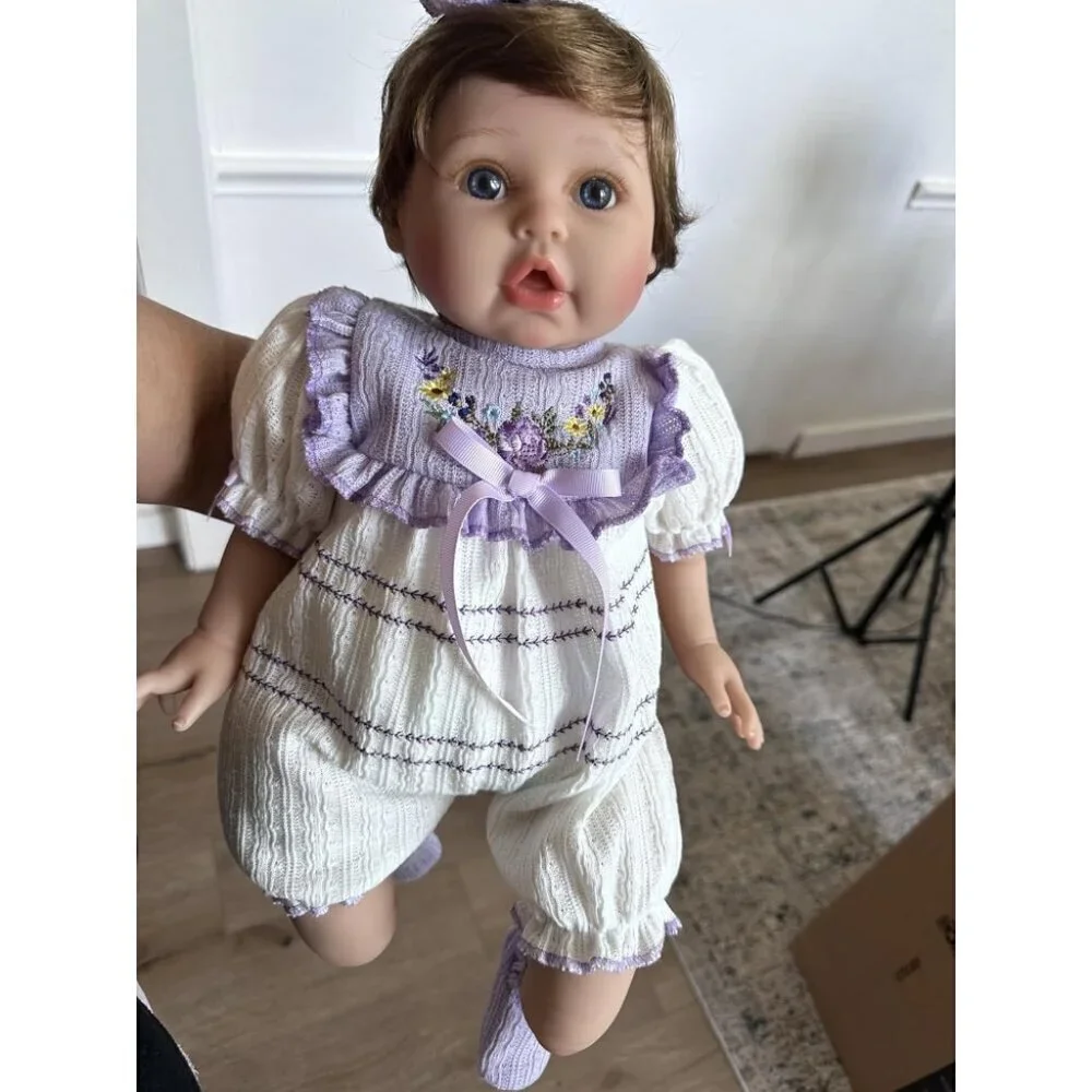 🆕22Inch Soft Cloth Body Newborn Baby Poseable Limbs Purple Reborn Baby Girl